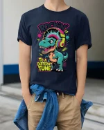 Rocking Dinosaur Graphic T Shirt Funny Music Lover Cartoon Style Tee - model wearing navy tee with hands in pockets