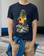 Running Horse Tropical Landscape Graphic T Shirt Sunset Island Vibes - model wearing navy tee with hands in pockets