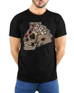 Dead Hand Winning Poker Skull Graphic T Shirt Lucky Card Style - model wearing black tee with hands behind back