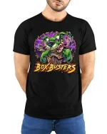 Box Busters Monster Dog Graphic T Shirt Funny Delivery Chaos Style - model wearing black tee with hands behind back