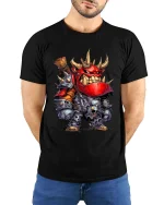 Funny Orc Warrior Graphic T Shirt Fantasy Cartoon Battle Style Tee - model wearing black tee with hands behind back