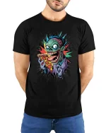 Funny Zombie Eating Pizza Graphic T Shirt Crazy Horror Cartoon Tee - model wearing black tee with hands behind back