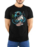 Streetwear Alien Bug Graphic T Shirt Cool Urban Cartoon Style Tee - model wearing black tee with hands behind back