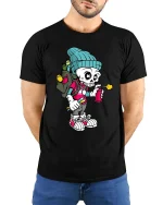 Graffiti Skeleton Artist Graphic T Shirt Funny Street Art Style Tee - model wearing black tee with hands behind back