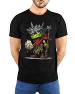 Funny Frog Warrior Graphic T Shirt Fantasy Cartoon Card Player Tee - model wearing black tee with hands behind back