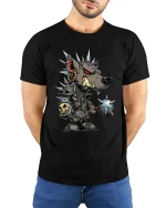 Punk Wolf Warrior Graphic T Shirt Spiked Armor Cartoon Battle Style - model wearing black tee with hands behind back