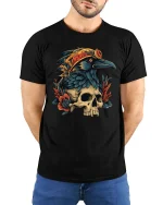 Gothic Raven Skull Graphic T Shirt Dark Floral Bird Art Style Tee - model wearing black tee with hands behind back