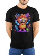 Funny Cute Monster Artist Graphic T Shirt Colorful Cartoon Art Style - model wearing black tee with hands behind back