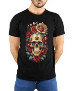 Floral Skull Rose Graphic T Shirt Vintage Gothic Art Style Tee - model wearing black tee with hands behind back