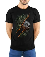 Horror Deep Sea Monster Fish Graphic T Shirt Dark Ocean Creature Art - model wearing black tee with hands behind back