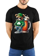 Cool Bear Beer Graphic T Shirt Funny Irish Vibes Lucky Style Tee - model wearing black tee with hands behind back