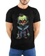 Creepy Zombie Clown Graphic T Shirt Funny Horror Cartoon Style Tee - model wearing black tee with hands behind back