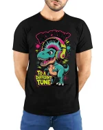 Rocking Dinosaur Graphic T Shirt Funny Music Lover Cartoon Style Tee - model wearing black tee with hands behind back