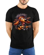 Funny Rocker Dog Playing Guitar Graphic T Shirt Music Lover Style - model wearing black tee with hands behind back