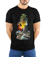Running Horse Tropical Landscape Graphic T Shirt Sunset Island Vibes - model wearing black tee with hands behind back