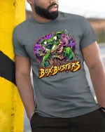 Box Busters Monster Dog Graphic T Shirt Funny Delivery Chaos Style - model wearing grey tee, leaning on column
