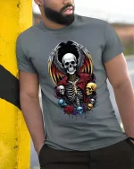 Gothic Winged Skull Skeleton Graphic T Shirt Dark Fantasy Vibes - model wearing grey tee, leaning on column