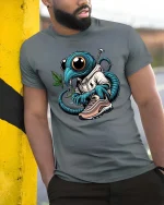 Streetwear Alien Bug Graphic T Shirt Cool Urban Cartoon Style Tee - model wearing grey tee, leaning on column