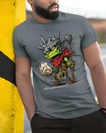 Funny Frog Warrior Graphic T Shirt Fantasy Cartoon Card Player Tee - model wearing grey tee, leaning on column