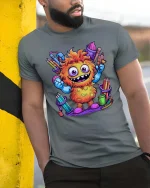Funny Cute Monster Artist Graphic T Shirt Colorful Cartoon Art Style - model wearing grey tee, leaning on column