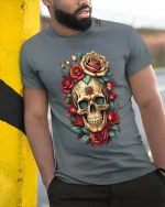 Floral Skull Rose Graphic T Shirt Vintage Gothic Art Style Tee - model wearing grey tee, leaning on column