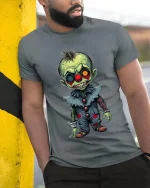 Creepy Zombie Clown Graphic T Shirt Funny Horror Cartoon Style Tee - model wearing grey tee, leaning on column