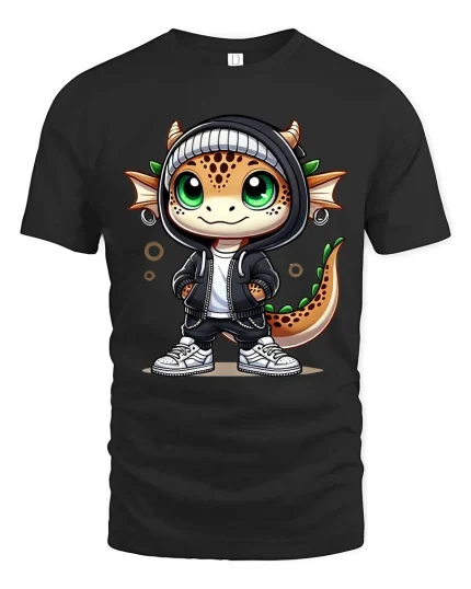 Cute Dragon Streetwear Graphic T Shirt Funny Cartoon Style - black t-shirt on white background