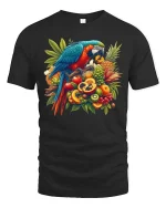 Colorful Parrot Fruit Graphic T Shirt Tropical Nature Art Style - black t-shirt on white background
