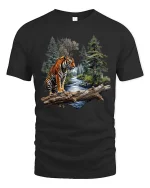 Majestic Tiger Forest River Graphic T Shirt Wildlife Nature Art - black t-shirt on white background
