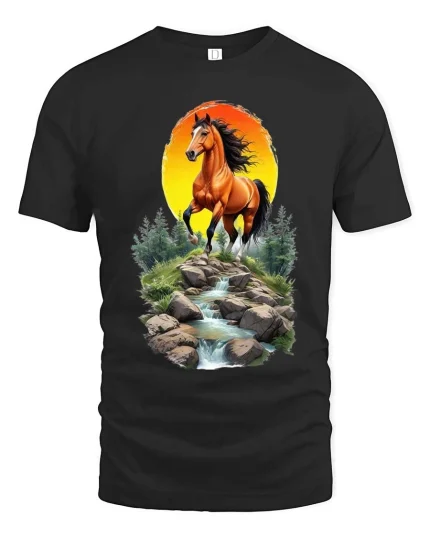Majestic Horse Sunset River Graphic T Shirt Nature Landscape Art - black t-shirt on white background