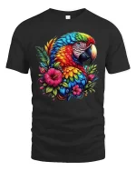 Colorful Parrot Floral Graphic T Shirt Tropical Bird Art Style - black t-shirt on white background