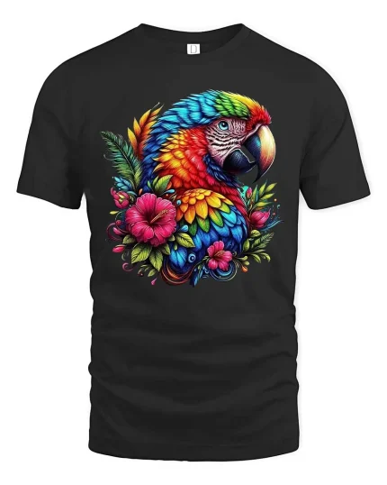 Colorful Parrot Floral Graphic T Shirt Tropical Bird Art Style - black t-shirt on white background