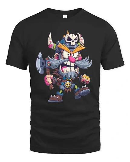 Funny Viking Cartoon Warrior Graphic T Shirt Cool Norse Style - black t-shirt on white background