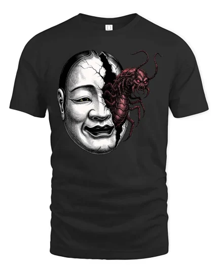 Creepy Split Face Monster Graphic T Shirt Dark Horror Art - black t-shirt on white background