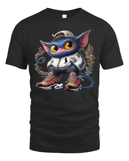 Cool Streetwear Cat Character Graphic T Shirt Urban Cartoon Style - black t-shirt on white background