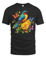 Colorful Bird And Butterfly Floral Graphic T Shirt Nature Art - black t-shirt on white background
