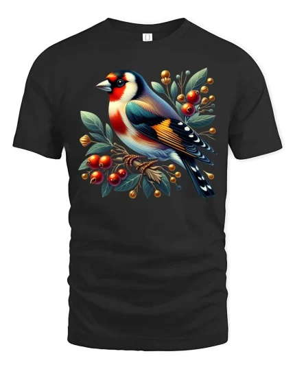 Colorful Songbird Berry Branch Graphic T Shirt Nature Art - black t-shirt on white background