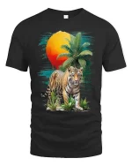 Tropical Tiger Sunset Graphic T Shirt Wild Jungle Nature Art - black t-shirt on white background