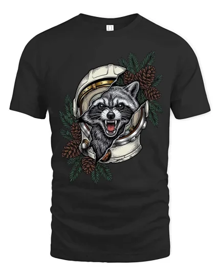 Angry Raccoon Astronaut Graphic T Shirt Space Animal Art - black t-shirt on white background