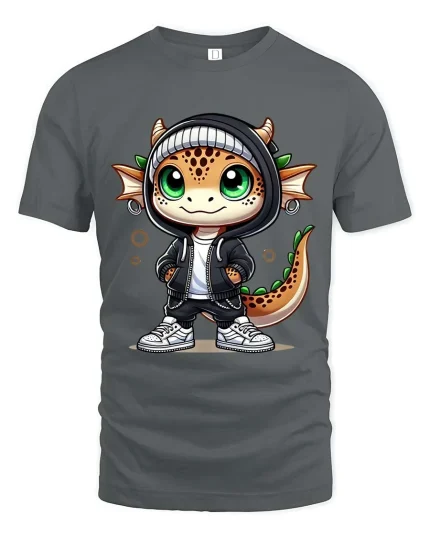 Cute Dragon Streetwear Graphic T Shirt Funny Cartoon Style - gray t-shirt on white background