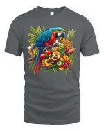 Colorful Parrot Fruit Graphic T Shirt Tropical Nature Art Style - gray t-shirt on white background