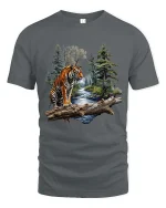 Majestic Tiger Forest River Graphic T Shirt Wildlife Nature Art - gray t-shirt on white background