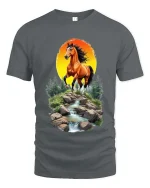 Majestic Horse Sunset River Graphic T Shirt Nature Landscape Art - gray t-shirt on white background