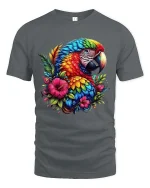 Colorful Parrot Floral Graphic T Shirt Tropical Bird Art Style - gray t-shirt on white background