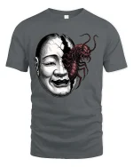 Creepy Split Face Monster Graphic T Shirt Dark Horror Art - gray t-shirt on white background