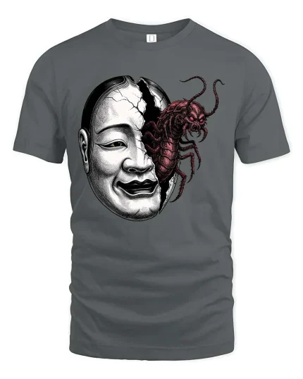 Creepy Split Face Monster Graphic T Shirt Dark Horror Art - gray t-shirt on white background