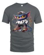Cool Streetwear Cat Character Graphic T Shirt Urban Cartoon Style - gray t-shirt on white background