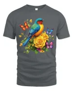 Colorful Bird And Butterfly Floral Graphic T Shirt Nature Art - gray t-shirt on white background