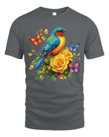 Colorful Bird And Butterfly Floral Graphic T Shirt Nature Art - gray t-shirt on white background