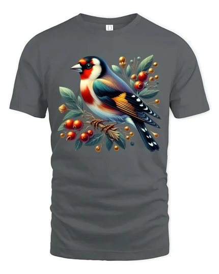 Colorful Songbird Berry Branch Graphic T Shirt Nature Art - gray t-shirt on white background